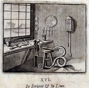 ジャン・ド・ラ・フォンテーヌ（1621-95）の寓話「蛇と石灰」。挿絵はFrançois Chauveau（1613-1676）。1728年の版。