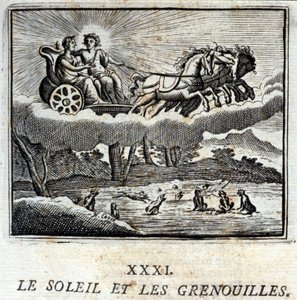 太陽とカエル。ジャン・ド・ラ・フォンテーヌ（1621-95）の寓話。挿絵はフランソワ・ショーボー（1613-1676）。1728年の版。 作： Francois Chauveau