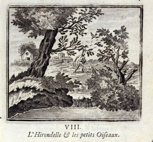 燕と小鳥たちジャン・ド・ラ・フォンテーヌ（1621-95）の寓話。挿絵はフランソワ・ショーボー（1613-1676）。1728年の版。 作： Francois Chauveau