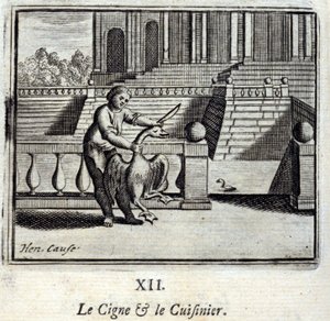 白鳥と料理人。ジャン・ド・ラ・フォンテーヌ（1621-95）の寓話。挿絵はフランソワ・ショーボー（1613-1676）。1728年の版。 作： Francois Chauveau