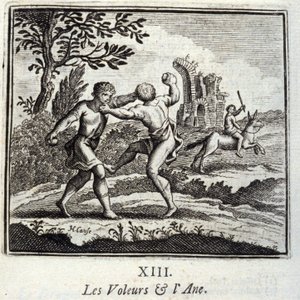 ジャン・ド・ラ・フォンテーヌ（1621-95）の寓話『盗賊とアネ』。挿絵はフランソワ・ショーボー（1613-1676）。1728年の版。 作： Francois Chauveau
