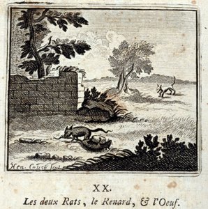 二匹のネズミとキツネとタマゴ。ジャン・ド・ラ・フォンテーヌ（1621-95）の寓話。挿絵はフランソワ・ショーボー（1613-1676）。1728年の版。