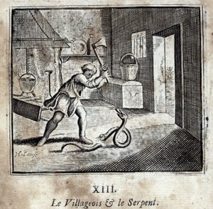 村人と蛇。ジャン・ド・ラ・フォンテーヌ（1621-95）の寓話。挿絵はフランソワ・ショーボー（1613-1676）。1728年の版。 作： Francois Chauveau