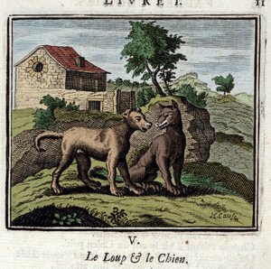 狼と犬ジャン・ド・ラ・フォンテーヌ（1621-1695）の寓話。挿絵はフランソワ・ショーボー（1613-1676）。1728年の版。 作： Francois Chauveau