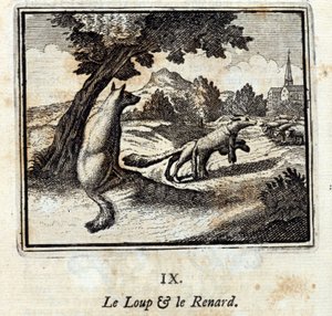 狼と狐。ジャン・ド・ラ・フォンテーヌ（1621-95）の寓話。挿絵はフランソワ・ショーボー（1613-1676）。1728年の版。
