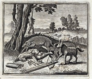 狼と狩人。ジャン・ド・ラ・フォンテーヌ（1621-95）の寓話。挿絵はフランソワ・ショーボー（1613-1676）。1728年の版。 作： Francois Chauveau