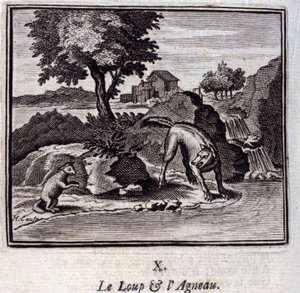 狼と子羊。ジャン・ド・ラ・フォンテーヌ（1621-95）の寓話。挿絵はフランソワ・ショーボー（1613-1676）。1728年の版。 作： Francois Chauveau
