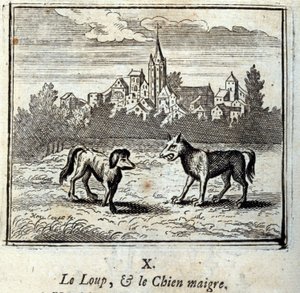 狼と痩せた犬。ジャン・ド・ラ・フォンテーヌ（1621-95）の寓話。挿絵はフランソワ・ショーボー（1613-1676）。1728年の版。