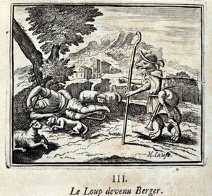 ジャン・ド・ラ・フォンテーヌ（1621-95）の寓話集。挿絵はフランソワ・ショーボー（1613-1676）。1728年の版。 作： Francois Chauveau