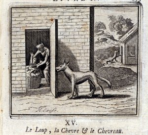 オオカミとヤギとヤギ。ジャン・ド・ラ・フォンテーヌ（1621-95）の寓話。挿絵はフランソワ・ショーボー（1613-1676）。1728年の版。