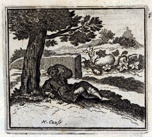 どんぐりとかぼちゃ。ジャン・ド・ラ・フォンテーヌ（1621-95）の寓話。挿絵はフランソワ・ショーボー（1613-1676）。1728年の版。 作： Francois Chauveau