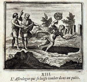 井戸に落ちる占星術師。ジャン・ド・ラ・フォンテーヌ（1621-95）の寓話。挿絵はフランソワ・ショーボー（1613-1676）。1728年の版。