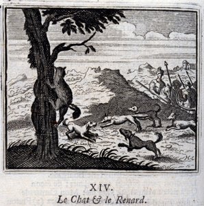 ネコとキツネ。ジャン・ド・ラ・フォンテーヌ（1621-95）の寓話。挿絵はフランソワ・ショーボー（1613-1676）。1728年の版。 作： Francois Chauveau