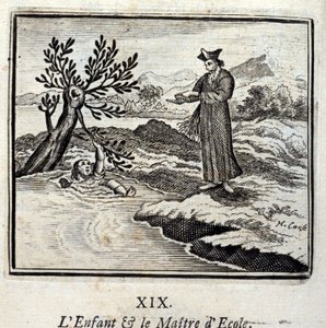 子供と学校の先生。ジャン・ド・ラ・フォンテーヌ（1621-95）の寓話。挿絵はフランソワ・ショーボー（1613-1676）。1728年の版。 作： Francois Chauveau