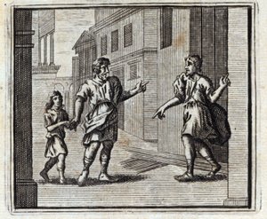 預かり人は不信心者。ジャン・ド・ラ・フォンテーヌ（1621-95）の寓話。挿絵はフランソワ・ショーボー（1613-1676）。1728年の版。 作： Francois Chauveau