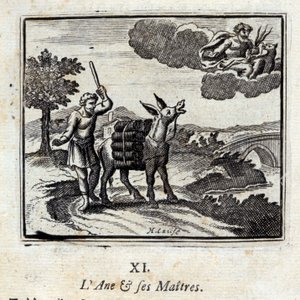 ロバとその主人たちジャン・ド・ラ・フォンテーヌ（1621-95）の寓話。挿絵はフランソワ・ショーボー（1613-1676）。1728年の版。