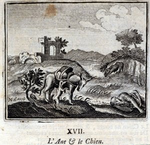 ロバと犬の話ジャン・ド・ラ・フォンテーヌ（1621-95）の寓話。挿絵はフランソワ・ショーボー（1613-1676）。1728年の版。 作： Francois Chauveau