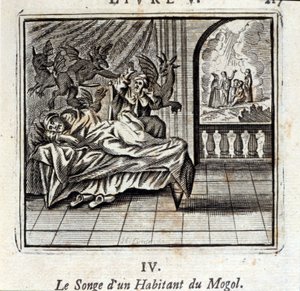 モゴールの住人の夢。ジャン・ド・ラ・フォンテーヌ（1621-95）の寓話。挿絵はフランソワ・ショーボー（1613-1676）。1728年の版。 作： Francois Chauveau