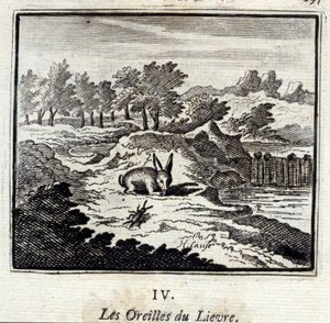 リーヴルの耳。ジャン・ド・ラ・フォンテーヌ（1621-95）の寓話。挿絵はフランソワ・ショーボー（1613-1676）。1728年の版。 作： Francois Chauveau