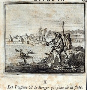 フルートを吹く魚と羊飼い。ジャン・ド・ラ・フォンテーヌ（1621-95）の寓話。挿絵はフランソワ・ショーボー（1613-1676）。1728年の版。