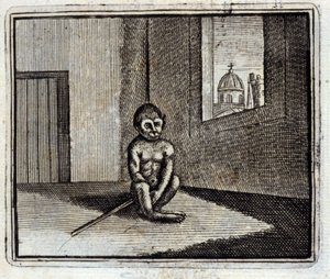 お猿さん。ジャン・ド・ラ・フォンテーヌ（1621-95）の寓話。挿絵はフランソワ・ショーボー（1613-1676）。1728年の版。 作： Francois Chauveau