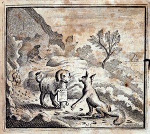 病気のライオンとキツネ。ジャン・ド・ラ・フォンテーヌ（1621-95）の寓話。挿絵はフランソワ・ショーボー（1613-1676）。1728年の版。 作： Francois Chauveau