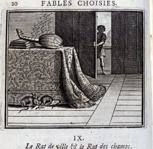 町のネズミと畑のネズミ。ジャン・ド・ラ・フォンテーヌ（1621-95）の寓話。挿絵はフランソワ・ショーボー（1613-1676）。1728年の版。 作： Francois Chauveau
