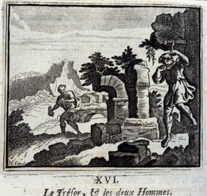 会計係と二人の男。ジャン・ド・ラ・フォンテーヌ（1621-95）の寓話。挿絵はフランソワ・ショーボー（1613-1676）。1728年の版。 作： Francois Chauveau