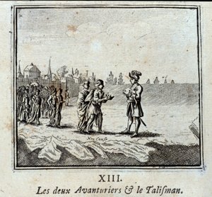 二人の冒険者とタリスマン。ジャン・ド・ラ・フォンテーヌ（1621-95）の寓話。挿絵はフランソワ・ショーボー（1613-1676）。1728年の版。 作： Francois Chauveau