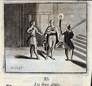 二人の友人。ジャン・ド・ラ・フォンテーヌ（1621-95）の寓話。挿絵はフランソワ・ショーボー（1613-1676）。1728年の版。 作： Francois Chauveau
