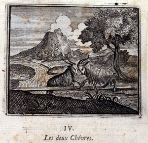 二匹のヤギ。ジャン・ド・ラ・フォンテーヌ（1621-95）の寓話。挿絵はフランソワ・ショーボー（1613-1676）。1728年の版。