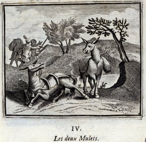 二匹のラバ。ジャン・ド・ラ・フォンテーヌ（1621-95）の寓話。挿絵はフランソワ・ショーボー（1613-1676）。1728年の版。 作： Francois Chauveau