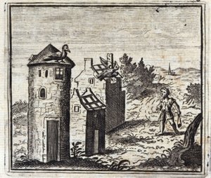 2羽のハトの話ジャン・ド・ラ・フォンテーヌ（1621-95）の寓話。挿絵はフランソワ・ショーボー（1613-1676）。1728年の版。 作： Francois Chauveau