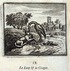 狼とコウノトリジャン・ド・ラ・フォンテーヌ（1621-95）の寓話。挿絵はフランソワ・ショーボー（1613-1676）。1728年の版。 作： Francois Chauveau