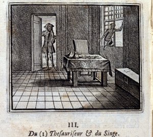 シソーラスと猿。ジャン・ド・ラ・フォンテーヌ（1621-95）の寓話。挿絵はフランソワ・ショーボー（1613-1676）。1728年の版。 作： Francois Chauveau