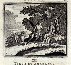 チルシスとアマランスジャン・ド・ラ・フォンテーヌ（1621-95）の寓話。挿絵はフランソワ・ショーボー（1613-1676）。1728年の版。 作： Francois Chauveau
