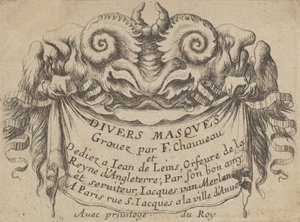 2 つのサテュロスの頭を持つタイトル プレート、『ダイバーズ マスクス』より。 1635-45。 作： Francois Chauveau