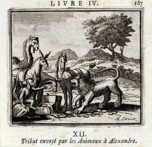 動物たちがアレクサンダーに送った貢物。ジャン・ド・ラ・フォンテーヌ（1621-95）の寓話。挿絵はフランソワ・ショーボー（1613-1676）。1728年の版。 作： Francois Chauveau