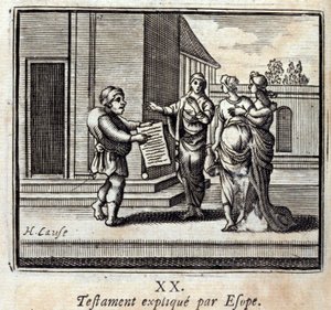 エソペが解説するウィルジャン・ド・ラ・フォンテーヌ（1621-95）の寓話。挿絵はフランソワ・ショーボー（1613-1676）。1728年の版。 作： Francois Chauveau