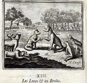 狼と羊。ジャン・ド・ラ・フォンテーヌ（1621-95）の寓話。挿絵はフランソワ・ショーボー（1613-1676）。1728年の版。 作： Francois Chauveau