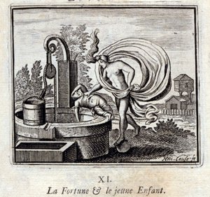運命の人と幼い子供。ジャン・ド・ラ・フォンテーヌ（1621-95）の寓話。挿絵はフランソワ・ショーボー（1613-1676）。1728年の版。