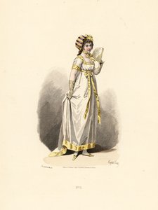 黄色い縁取りのある白いドレスを着た女性が扇子を持っています。 作： Francois Claudius (after) Compte Calix