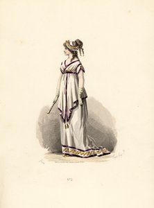 ライラックのベルベットで縁取られた白いチュニックドレスを着た女性。 作： Francois Claudius (after) Compte Calix
