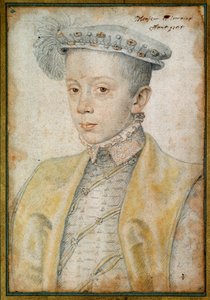 ロレーヌとバーの公爵シャルル2世（1543-1608）の肖像。クルエ・フランソワ（1515-1572）による血と黒い石のドローイング 作： François Clouet
