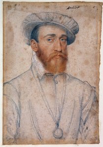 アンデローの領主フランソワ・ド・コリニー（1521 - 1569年）の肖像。クルエ・フランソワ（1515-1572）による血と黒い石のドローイング 作： François Clouet