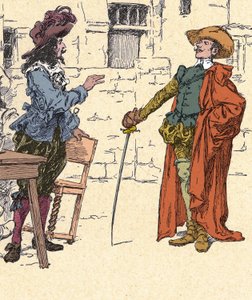 パリに到着した若き日のシラノとダルタニアンの出会い - Zierによるイラスト、20世紀初頭。 作： Francois Edouard Zier