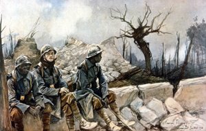 ダンピエール教会の廃墟の前に座っている3人のフランス兵。1914年から1918年の戦争。フランソワ・フラメン（1856-1923）の絵画。パリ、アルミー美術館