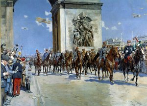 第一次世界大戦：軍人のうち、フェルディナン・フォッシュ侯爵（1851-1929）とジョセフ・ジョッフル侯爵（1852-1931）の「1919年7月14日、パリのシャンゼリゼ上空での勝利の汚点」。フランソワ・フラメン（1856-1919）による絵画 1919年 パリ、軍隊博物館 作： Francois Flameng