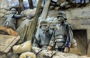 第一次世界大戦：「塹壕の鎧とガスマスクをつけたドイツ兵、1917年8月」Francois Flameng（1856-1923）の水彩画 日。0,3x0,48 m Paris, Musee de l