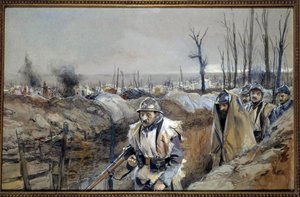 第一次世界大戦："View of Souchez (in Artois), a trench on 18/12/1915" Francois Flameng (1856-1923) による水彩画 1915年12月 Sun.0,3x0,48 m Paris, musee de l